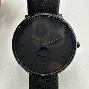 Crrju Watch Men Black Small Second Dial Minimalist Leather Band New Battery